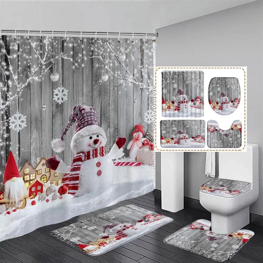 Simpatico pupazzo di neve Set di tende da doccia di natale argento rami di pino fiocco di neve palle di natale decorazione del bagno tappeto tappetino da bagno coperchio del water