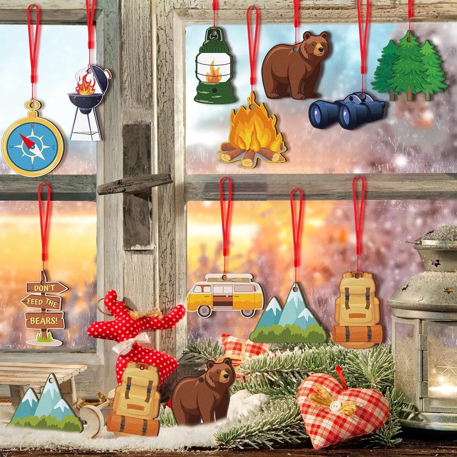 24‑Pcs Wooden Camping Ornaments Tent‑Shaped Pendants for Christmas Tree Travel‑themed Holiday Decor Gifts