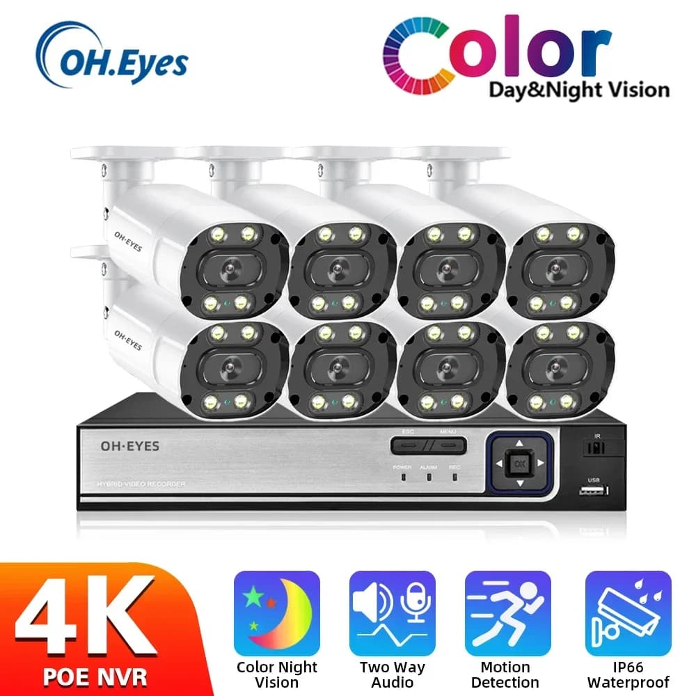 8CH 4K POE Security Camera System Two-Way Audio Color Night Vision CCTV Camera Kit 4CH XMEYE NVR Video Surveillance System Kit