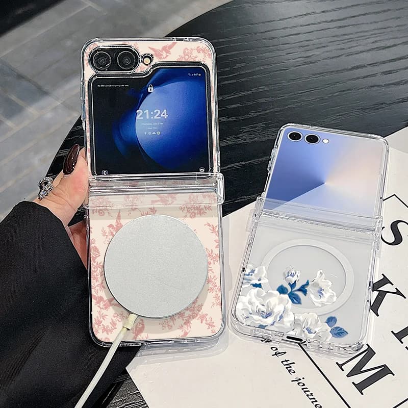 Custodia magnetica per telefono per Samsung Galaxy Z Flip 7 FE 7 6 5 4 Flip7 Flip6 Flip5 per Magsafe Pittura floreale artistica Cover trasparente per PC
