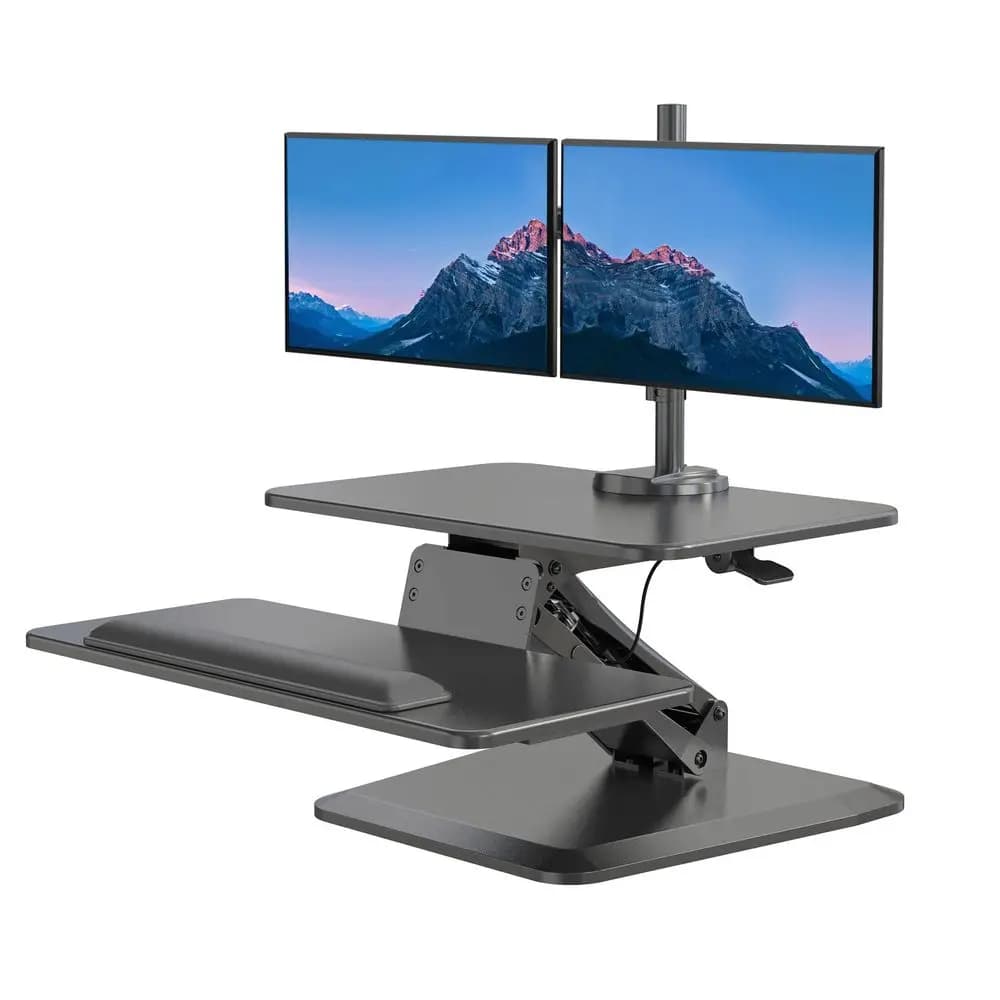 Convertitore per scrivania regolabile in altezza, supporto per scrivania con doppio monitor, postazione di lavoro regolabile in nero, piano superiore largo 23 pollici, Ke