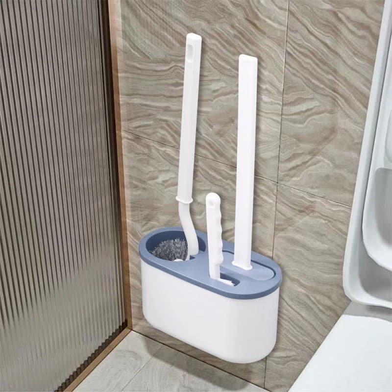 Set Spazzola per WC 3 in 1 con Setole in Silicone, Supporto a Parete, Spazzola per Bagno