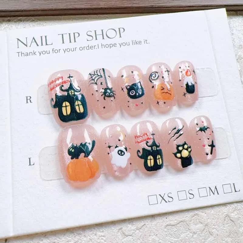 10Pcs Halloween Cat Eye Pumpkin Cute Ghost Cat Eye Hand Drawn Cartoon Atmosphere Sense Press on Nails Nail Patch False Nails
