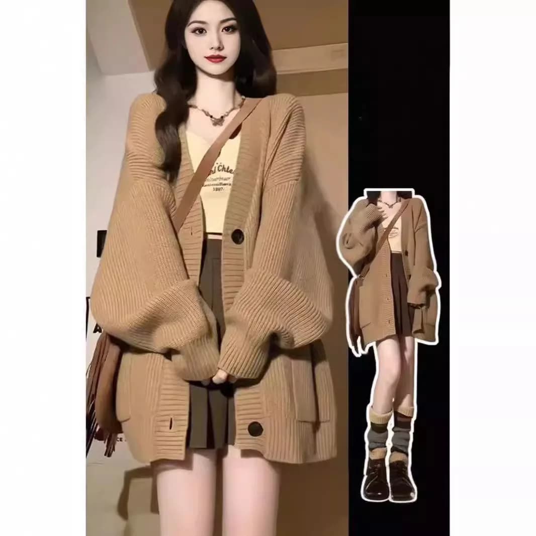 Sweater Women 2024 Fashion Autumn Winter New Loose V Neck Button Lantern Sleeve Solid Color Cardigan Cardigan Women BD4021