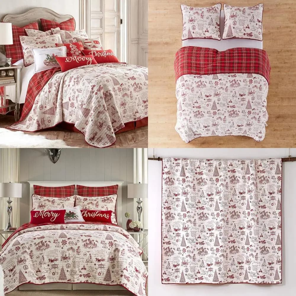 Set trapunta in cotone con scritta natalizia rossa e crema - Full/Queen 88x92 pollici + 2 federe 26x20 pollici - reversibile