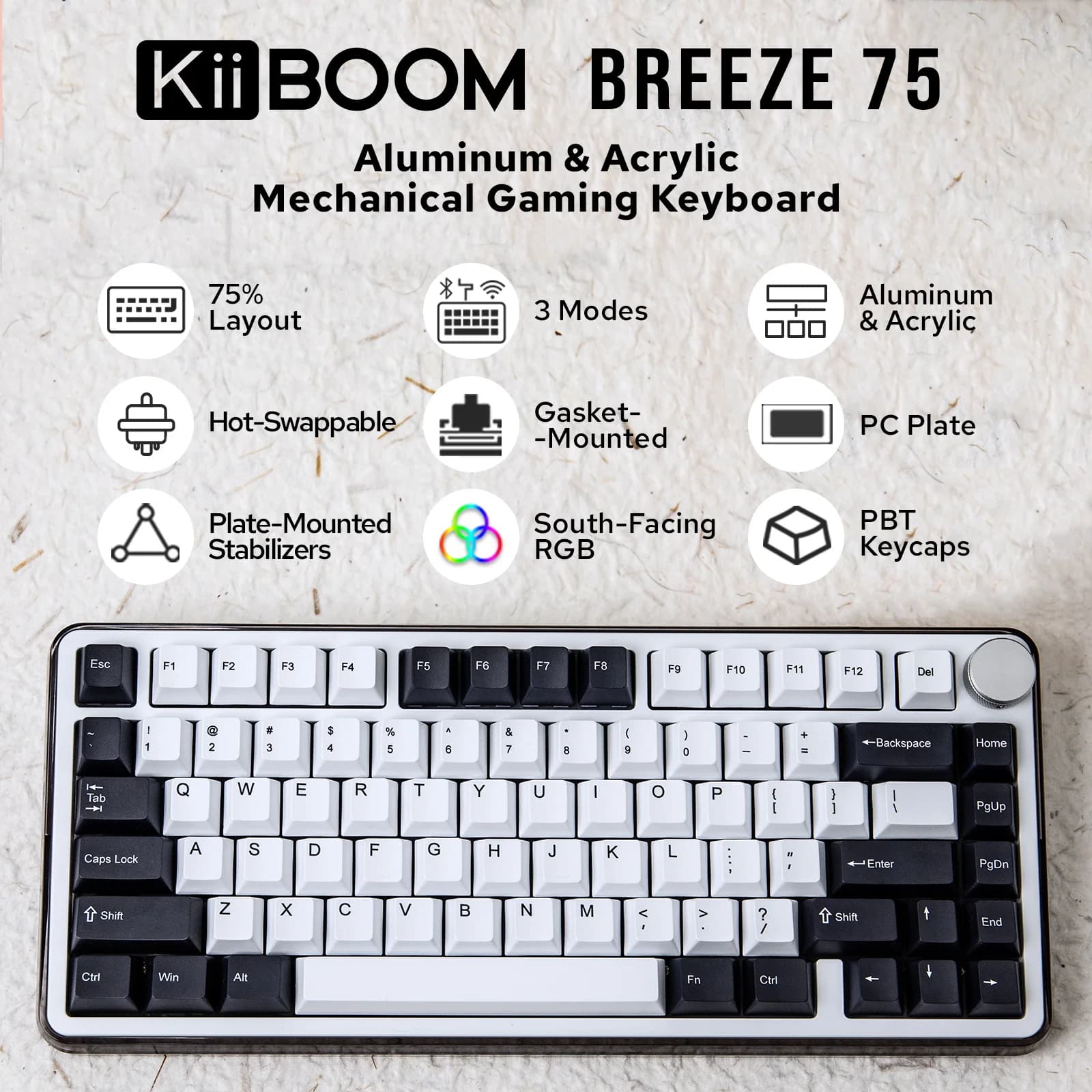 KiiBOOM Breeze 75 75% ANSI US Layout Gasket Tri-mode Wireless Aluminium & Acrylic NKRO Mechanicaln Gaming Keyboard
