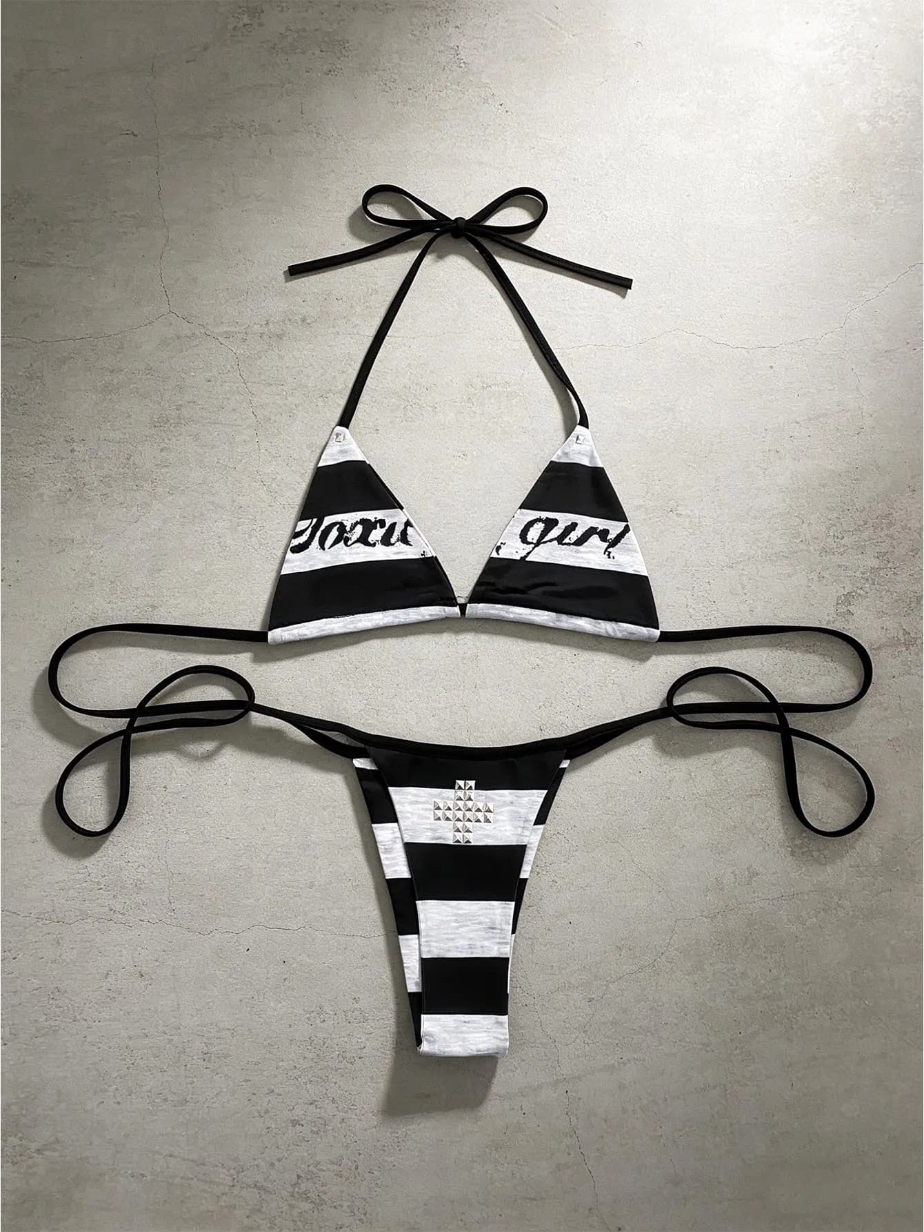 Streetwear Black Grey Color Block Halter Bikini Set Women Triangle Cup Tie Side Swimwear For Pool Party