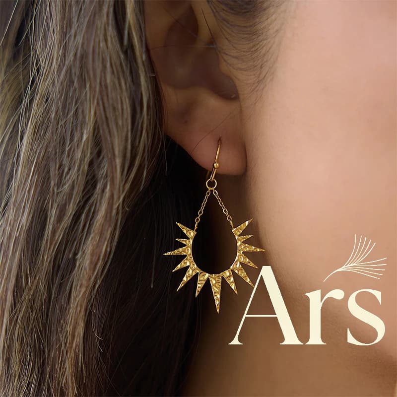 Ars 18k Gold Plated Dangle Earrings for Women Stainless Steel Sunburst Earrings Minimalist Hammered Earrings Fashion Jewelry