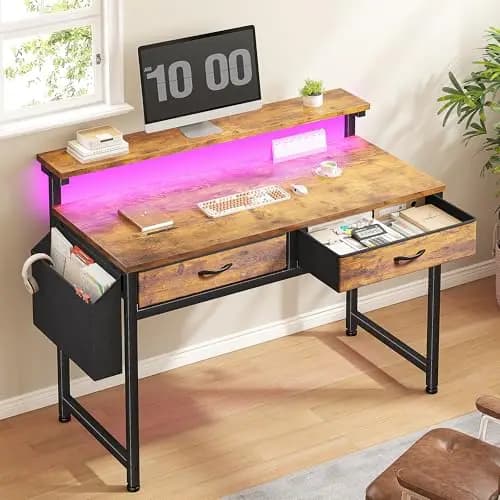 Gaming Desk with 2 Drawers &LED Lights,Space Saving,Rustic Brown | Computer Desk with Ergonomic Monitor Stand,Office
