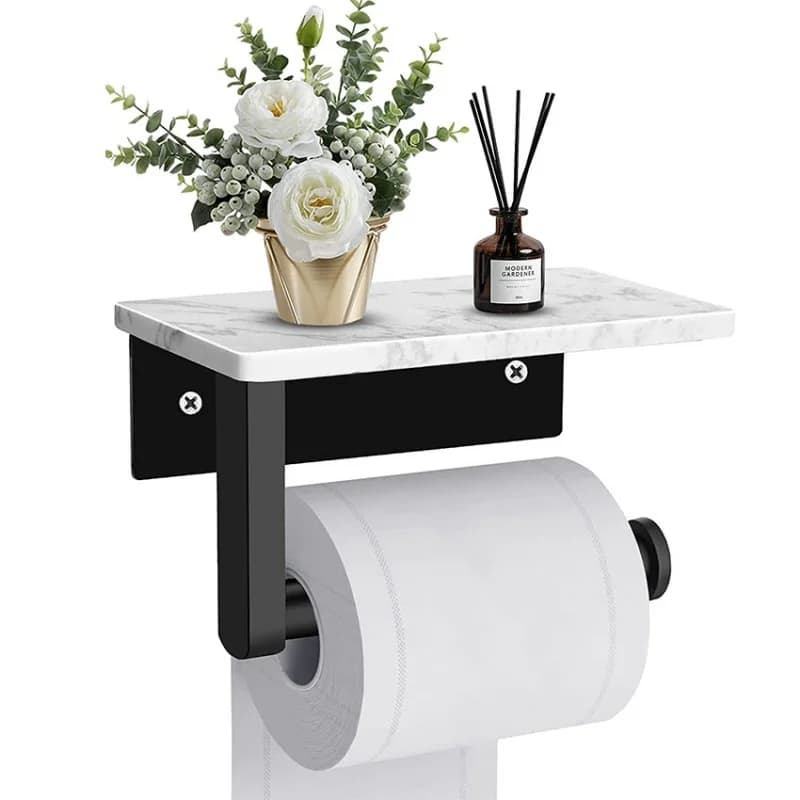 Porta carta igienica in marmo bianco a parete Porta fazzoletti nero Porta rotolo di carta in marmo nero con portaoggetti per telefono cellulare.