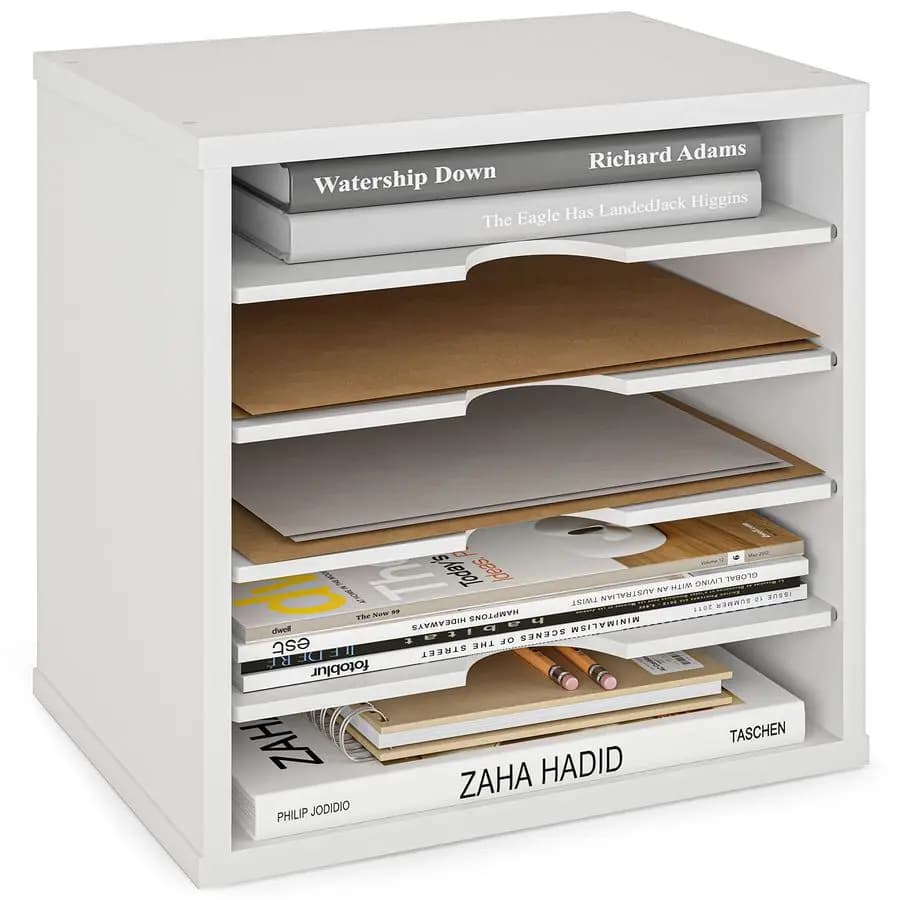 Organizzatore da scrivania per documenti, 5 ripiani regolabili bianchi, vassoio porta documenti per ufficio e casa, 9,25"D x 13,8"W x 12"H