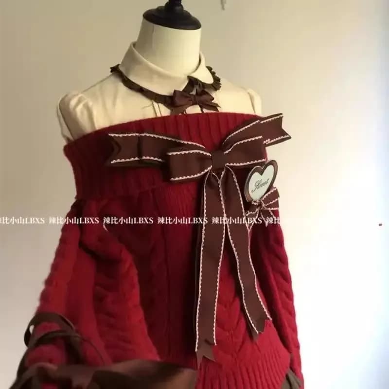 American Vintage Spice Girl Bow Bandage con spalle scoperte Maglione lavorato a maglia a maniche lunghe + Gonna a balze + Camicia semplice Set da 3 pezzi da donna