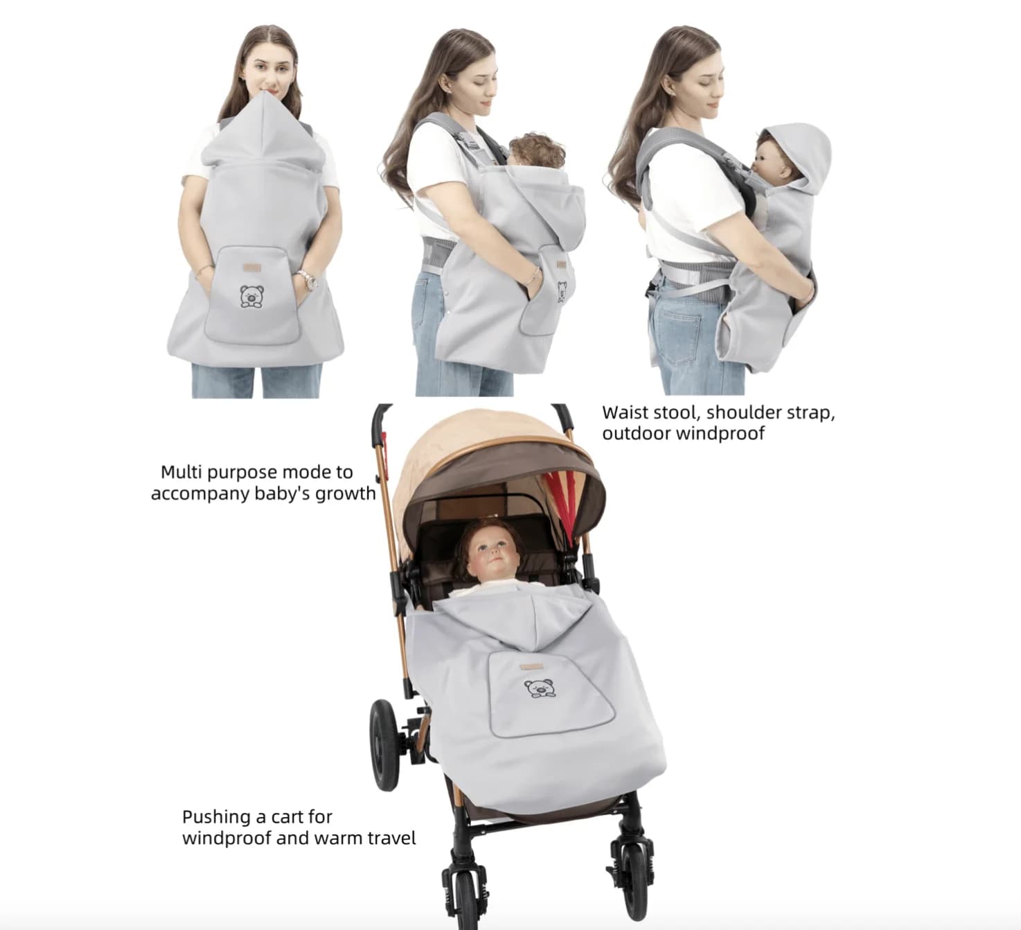 Copertura per marsupio Mantello elastico con cappuccio Mantello carino per bambini multifunzionale Copertura per passeggino calda addensata per neonato antivento