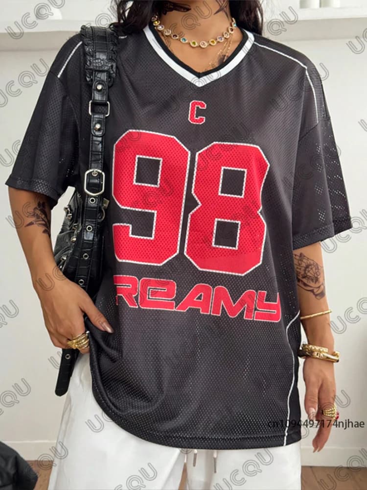 Women's oversize T-shirt with V-neck summer short sleeve Dreamy 98 print sports shirts Y2k top casual