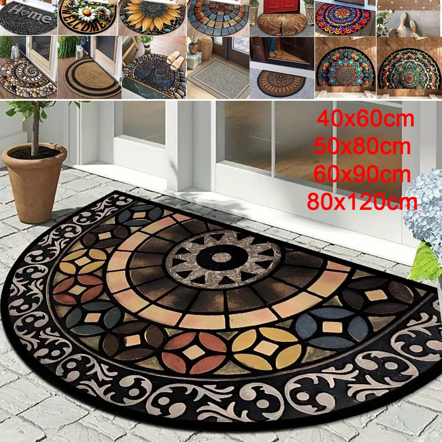 1pc Bohemian Floral Print Semicircular Velvet Mat, Soft, Non-slip, Machine Washable, Polyester，Suitable for Indoor/outdoor Use
