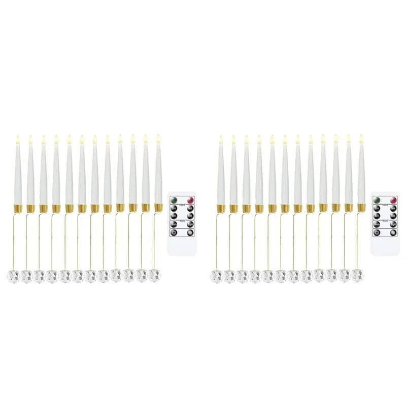 Set di 24 Candele LED Corte Tremolanti con Telecomando, 0,5 x 6 Pollici, con 12 Ganci a Sfera di Cristallo, Candele Senza Fiamma a Luce Calda - AT30