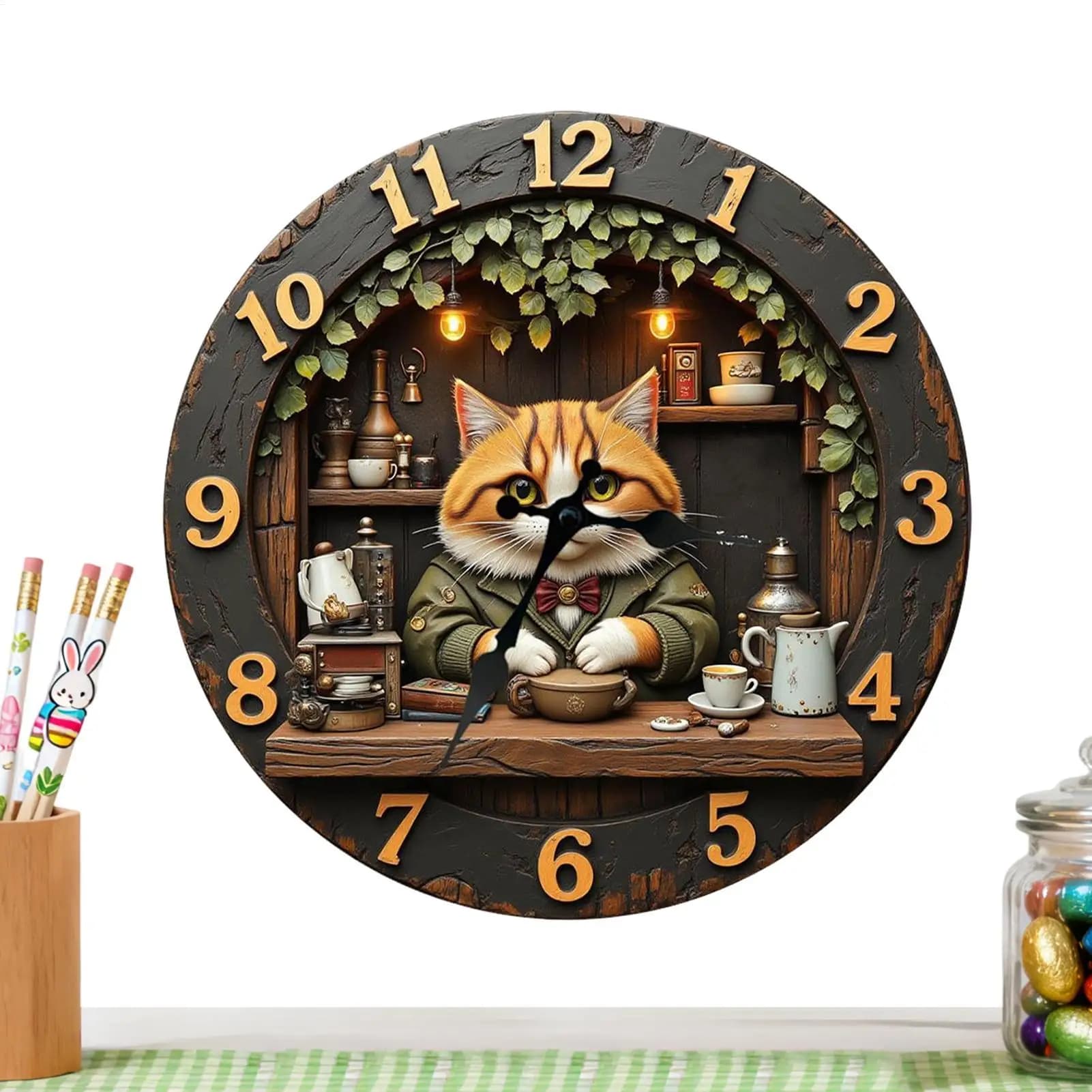 Orologio da Parete 11,81 Pollici Tema Gatto Decorazione in Legno per Casa, Soggiorno, Camera da Letto, Fattoria, Bar, Ufficio, Biblioteca