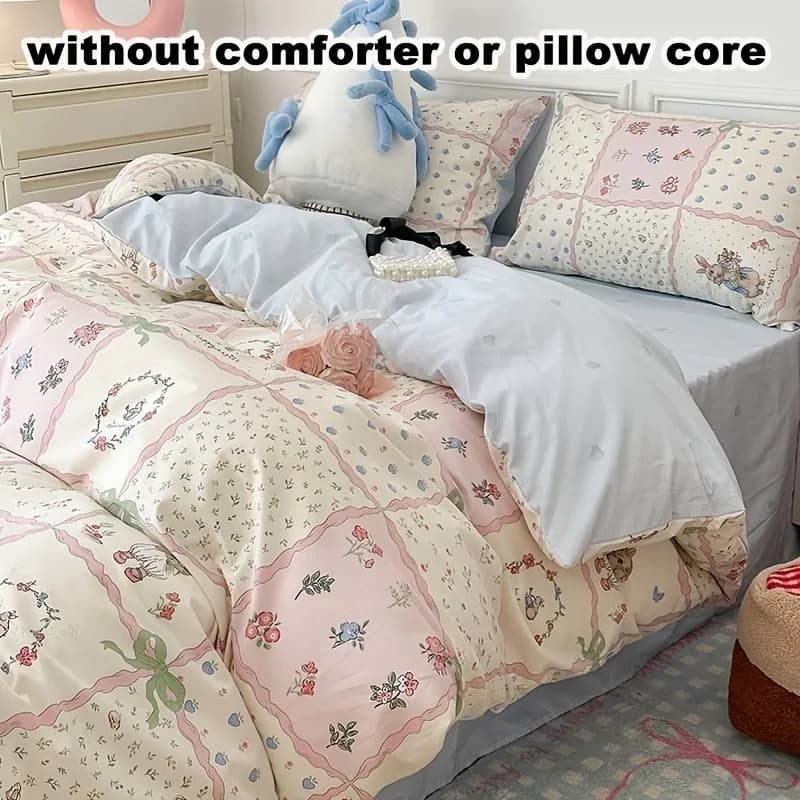 Processo di lavaggio in tessuto sintetico stile rurale Set di biancheria da letto con motivo a coniglio a quadretti rosa Set da 4 pezzi (1 copertura + 1 lenzuolo + 2 federe