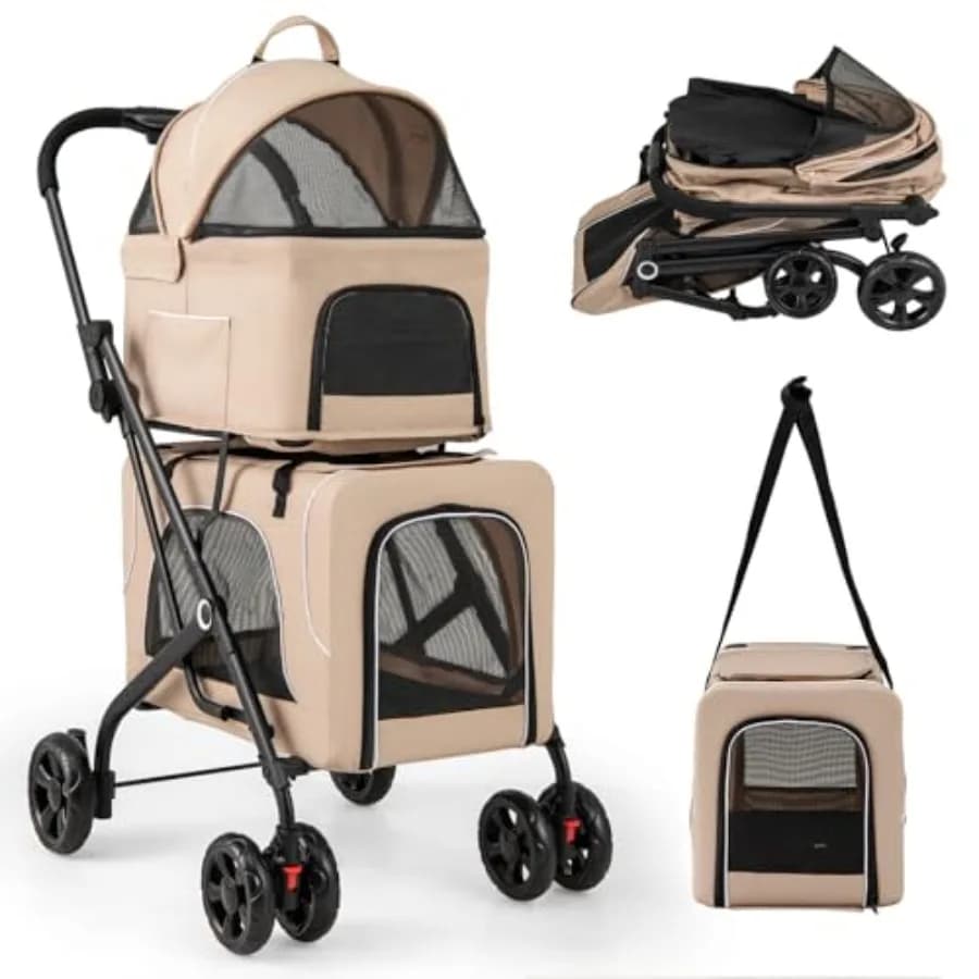 Passeggino Doppio 4-in-1 per Animali Domestici da Viaggio, in Poliestere Beige con Cintura di Sicurezza e Ruote Bloccabili, Design Pieghevole con 2 Carrelli Staccabili