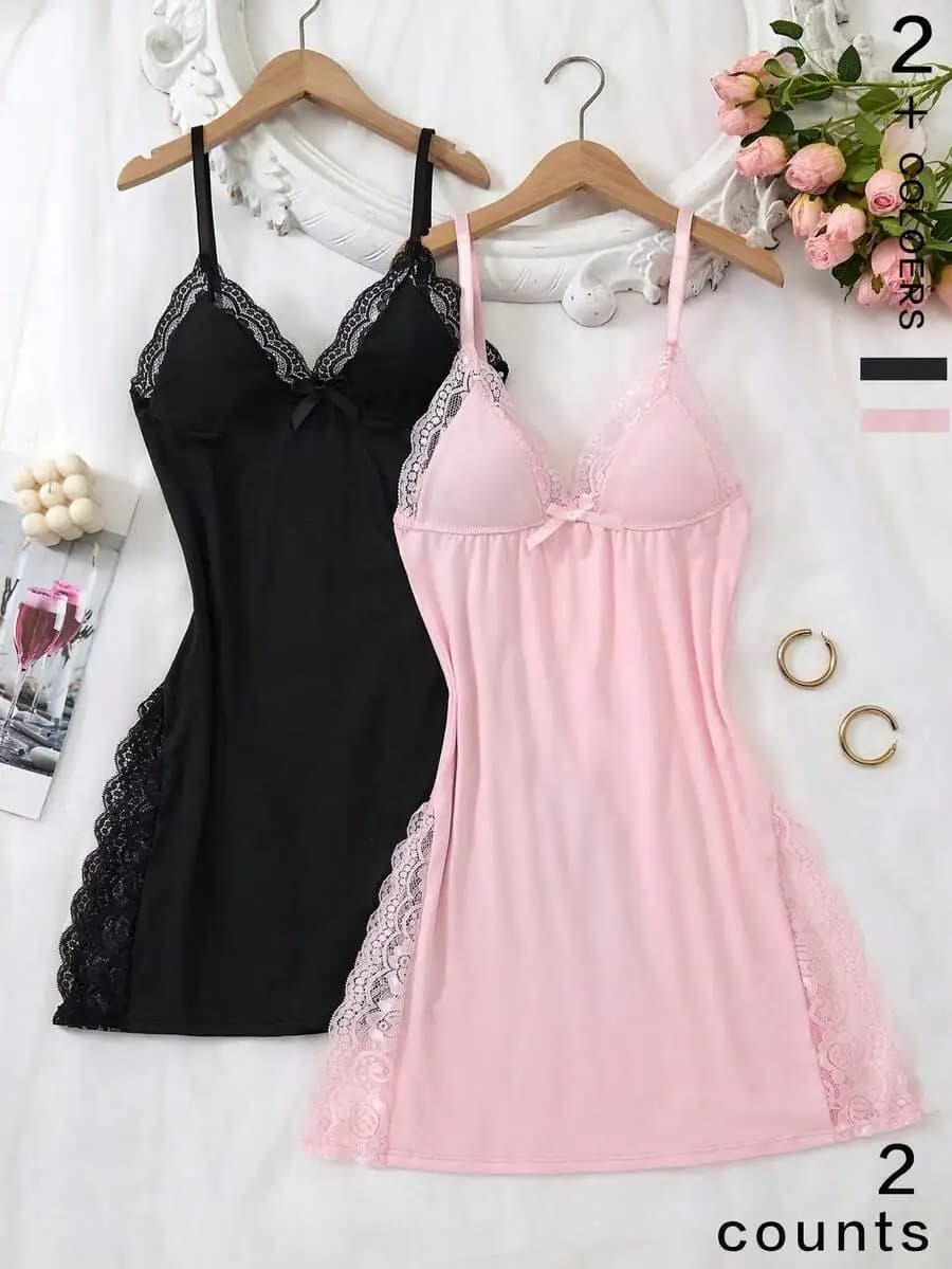 Women Pink Lace Trim Bowknot Sleep Dress Breathable Strap Nightgown With Side Slit
