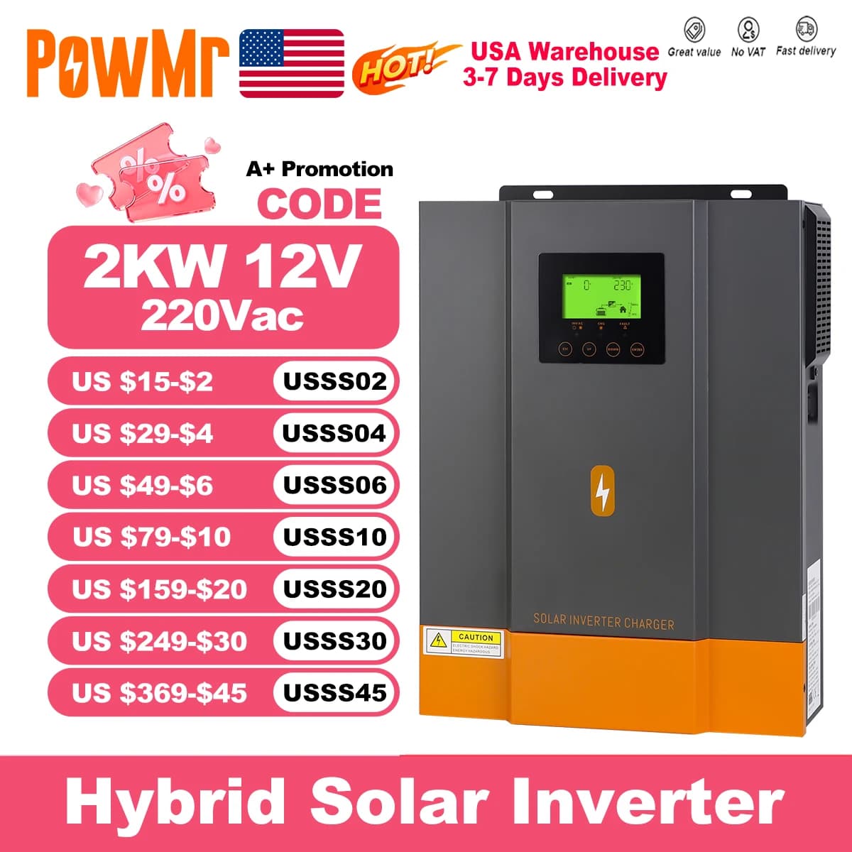 PowMr USA 1.6KW Invertitori solari ibridi 12V a 220V Batteria di ricarica a onda sinusoidale pura 80A MPPT Regolatore di carica solare Max PV 400V