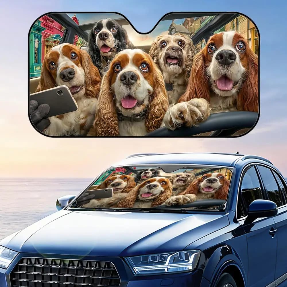 Parasole Divertente con Cocker Spaniel alla Guida, Pieghevole Universale per Parabrezza Auto, Protezione UV e Isolamento Termico
