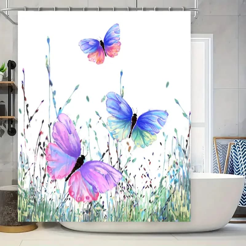 Deliziosa tenda da doccia da bagno con farfalla per l'arredamento del bagno Pannelli doccia in tessuto impermeabile con stampa ad acquerello rosa blu
