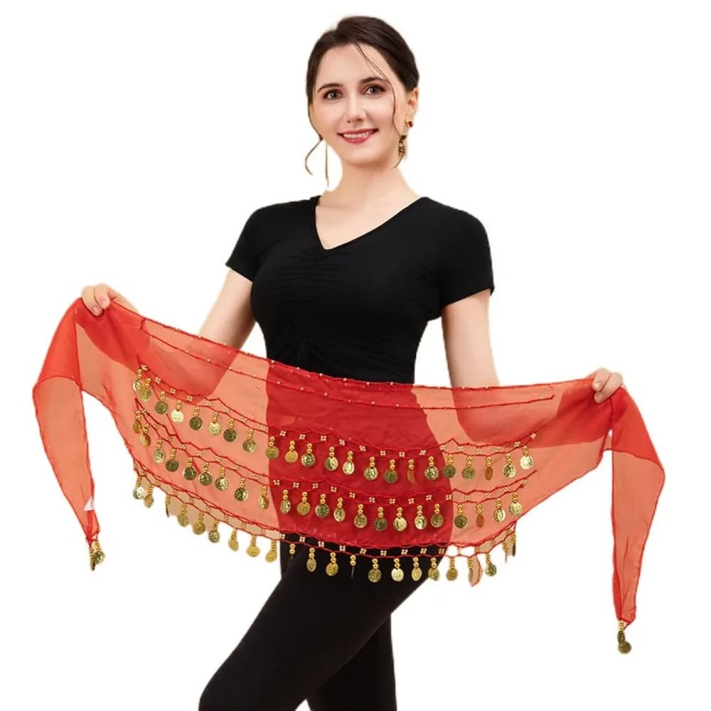 Gold Color Coins Belly Dance Hip Scarf Adjustable Three Layers Bellydance Waist Chain Chiffon Material Easy To Wear