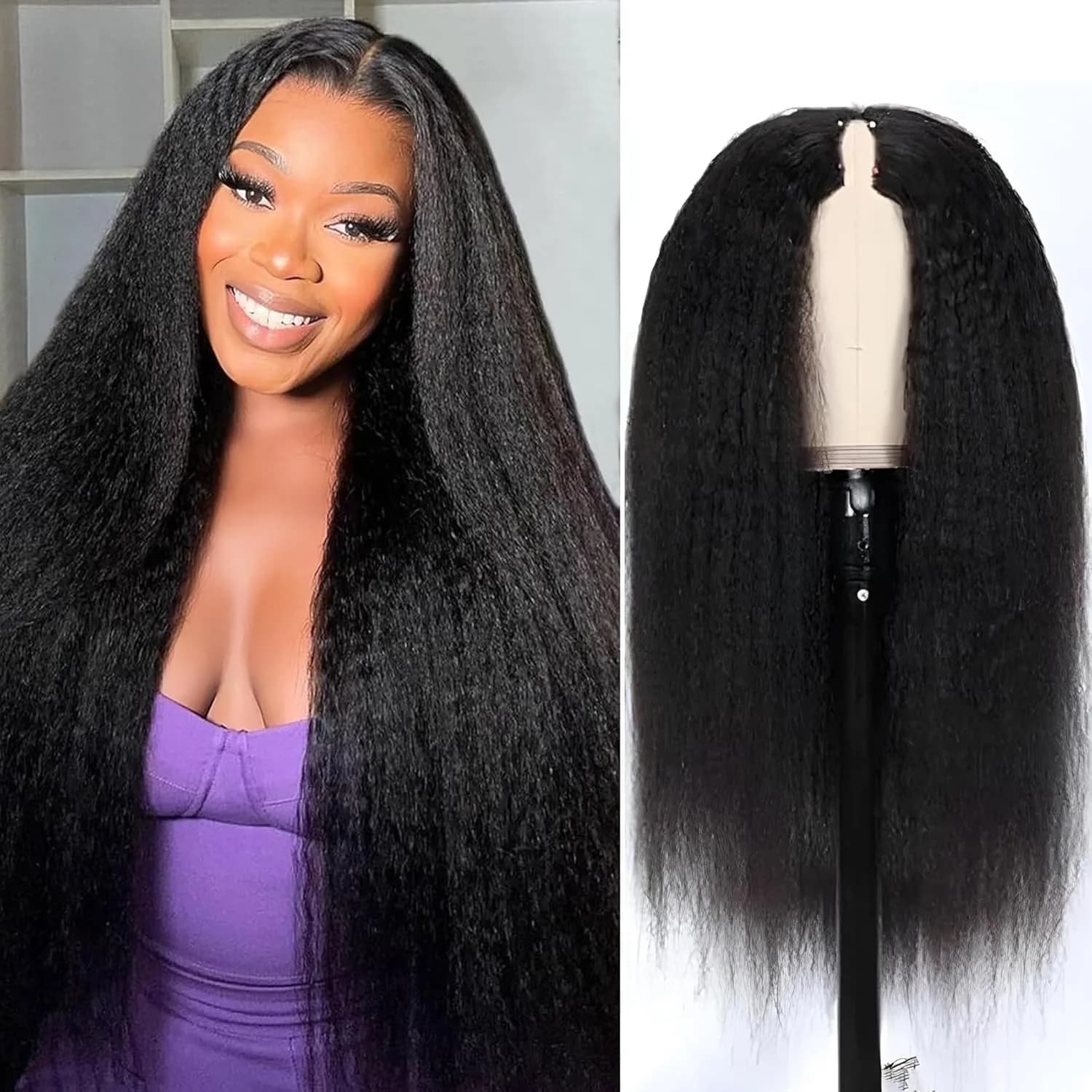 Parrucche diritte crespi con parte a V Capelli umani per le donne Glueless Aggiornamento Parrucche con parte a U Clip in parrucca con parte a V Nessun cuoio capelluto reale senza lasciare fuori 250%
