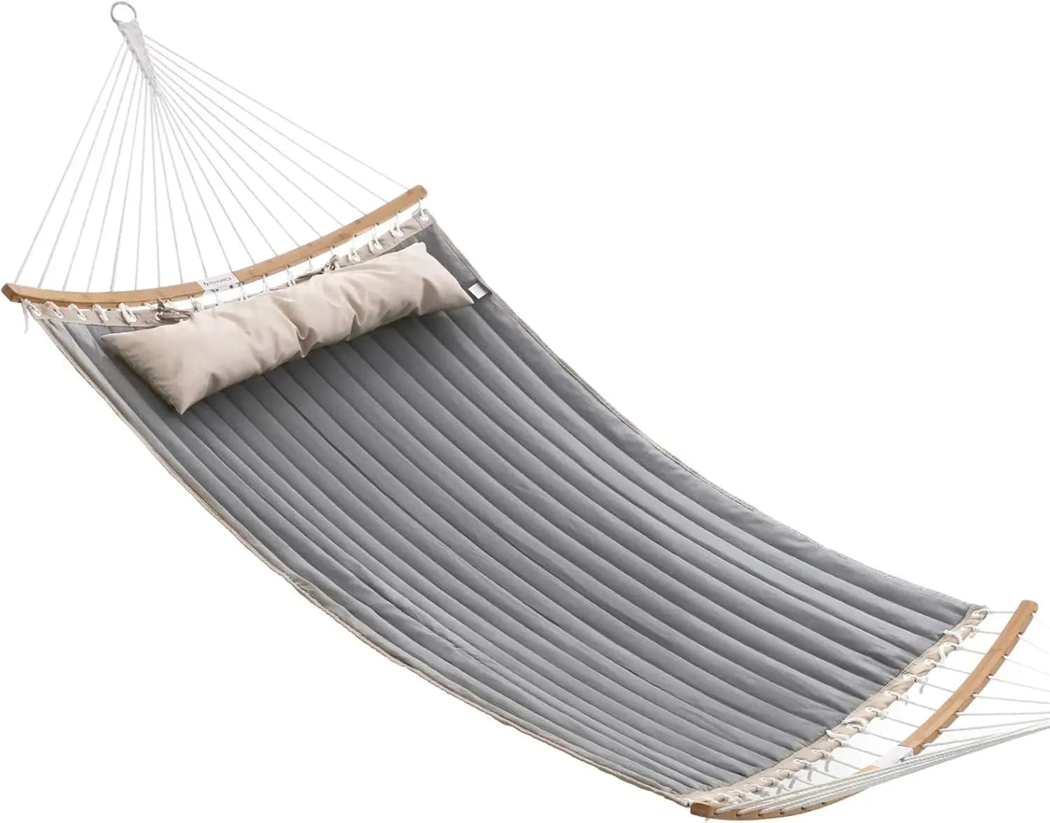 Quilted hammock with bamboo curved spacers, pillow, 78.7 x 55.1 inches, padded and portable, supports up to 495 pounds, grey and beige