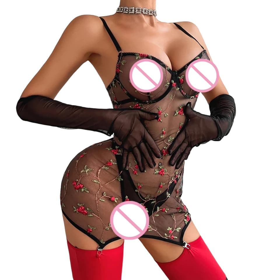 2026 Flower Embroidery Comfortable Breathable Perspective Mesh Sexy Bareback Splicing Sexy Underwear Women's Set