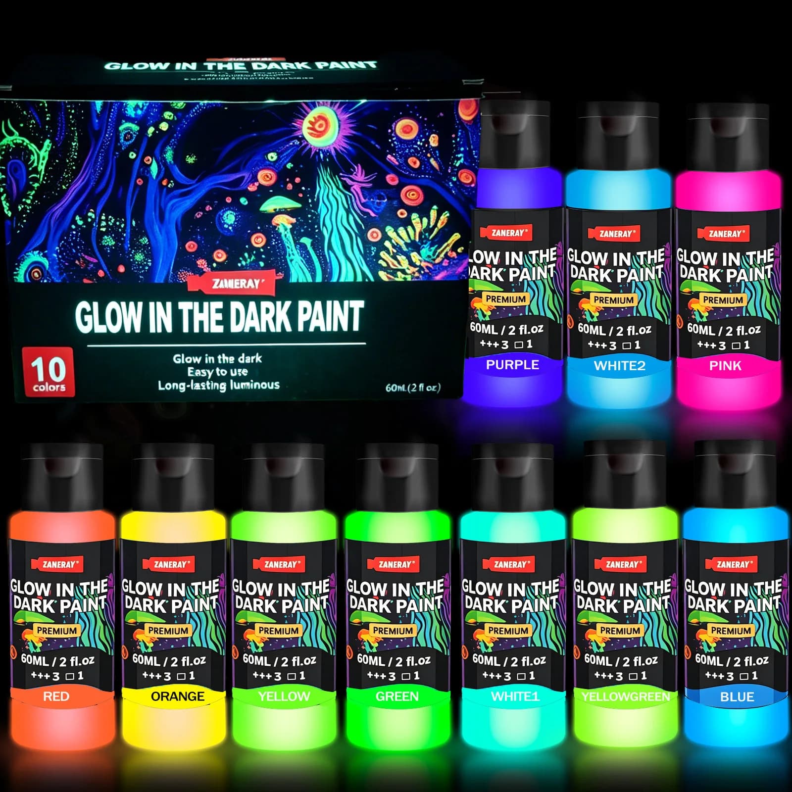 10 Colors 60ml Glow in Dark Acrylic Paint Set, Neon Luminous for Halloween DIY, Fluorescent Pigment Art Supplies