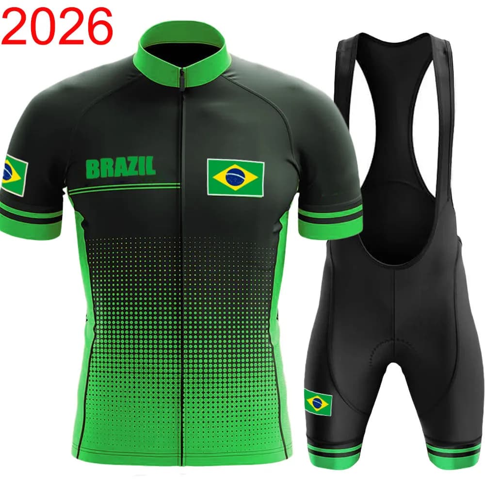 Completo da Ciclismo Brasile 2026: Maglia a Maniche Corte e Pantaloncini con Bretelle per Bici da Strada e MTB - Kit Ufficiale Squadra Nazionale
