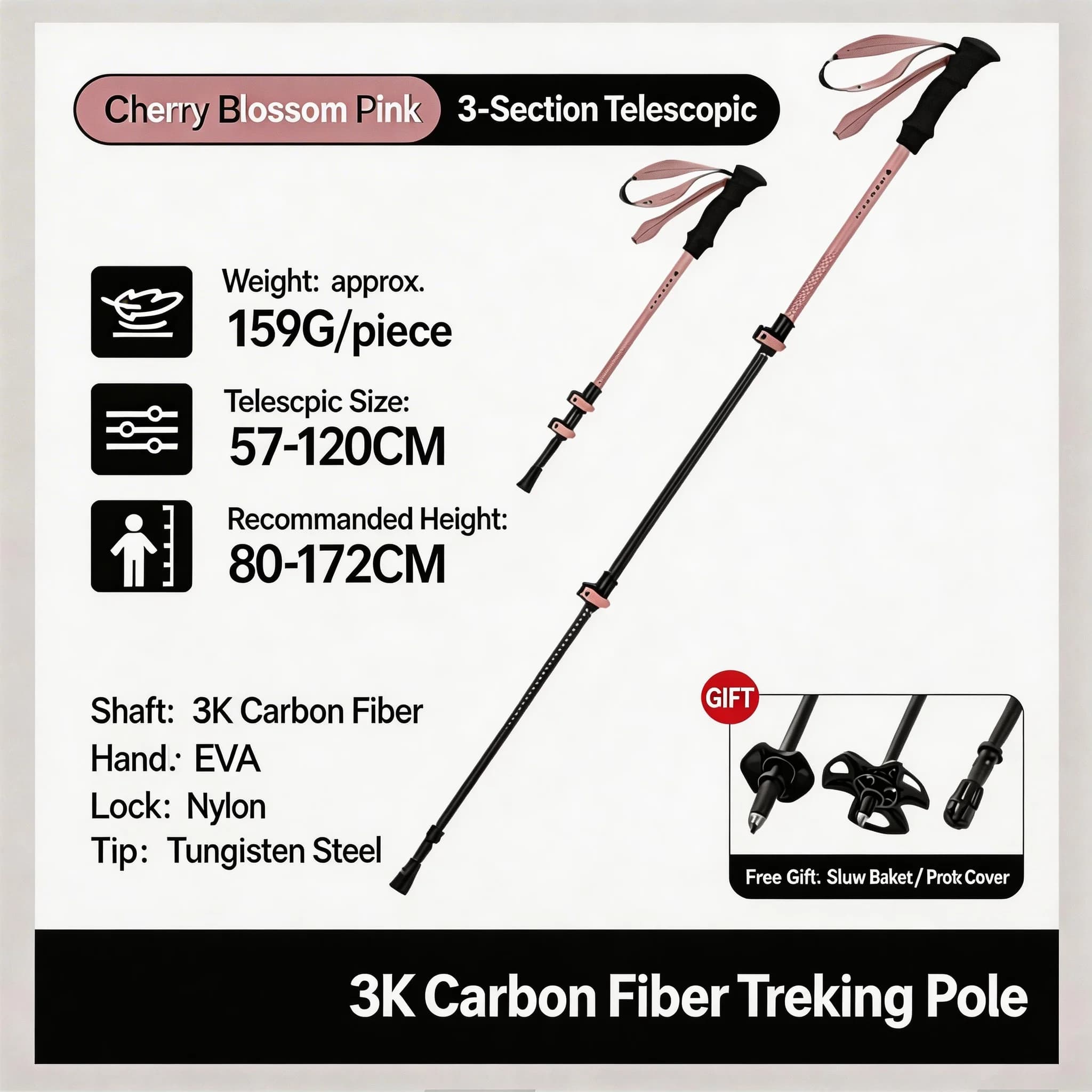 2 Ultralight Trekking Sticks in Carbon Fiber, Foldable Stroller Sticks Climbing and Hiking Wallets, Women's Telescopics/Humans