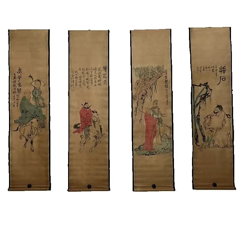Chinese Ancient Calligraphy & Painting Scrolls Set - 4 Pairs of Renowned Murals Featuring Laozi Ideal for Decorations