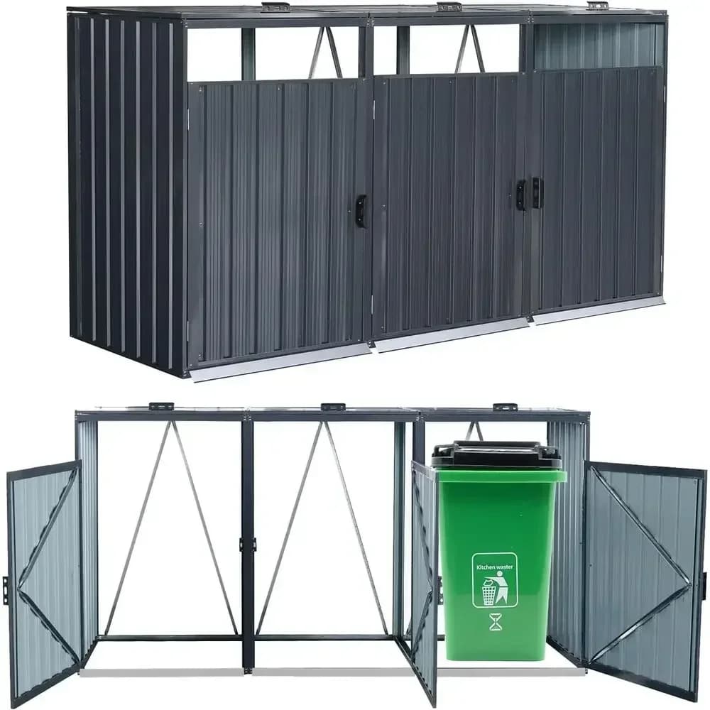 Metal Outdoor Storage Shed for 3 Trash Cans, Lockable, Ideal for Garden, Backyard, and Patio
