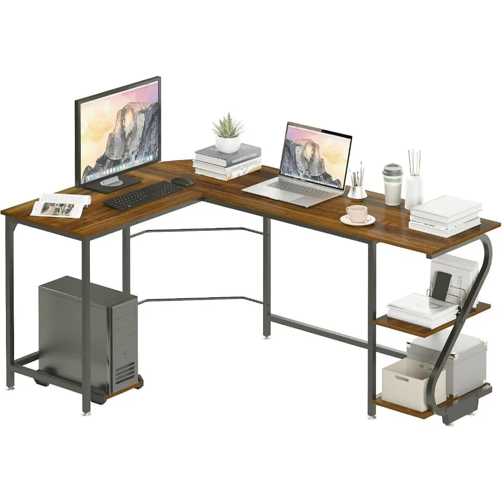 Scrivania reversibile a forma di L con ripiani Scrivanie angolari grandi per computer da gioco per stazione di lavoro di scrittura per ufficio domestico Tavolo in legno
