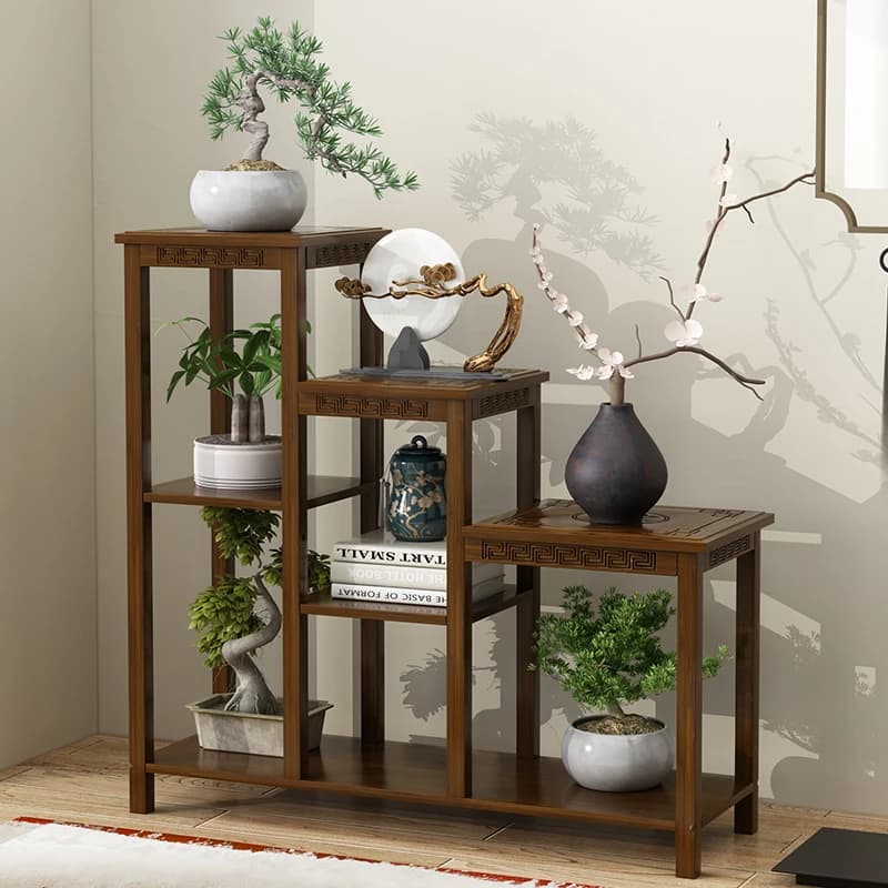 Multi-Layer Wooden Flower Stand Greenery Floor Pot Holder for Balcony Chinese Style Decorative Plant Organizer Shelf