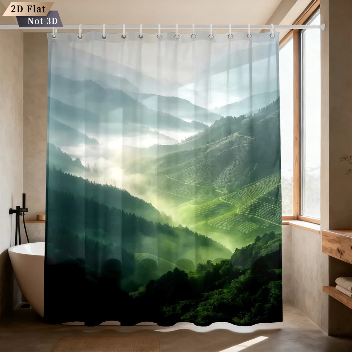 1PC Misty Green Tea Mountain Valley Landscape Shower Curtain Waterproof Bathroom Partition Curtain Privacy Screen Natural Sce