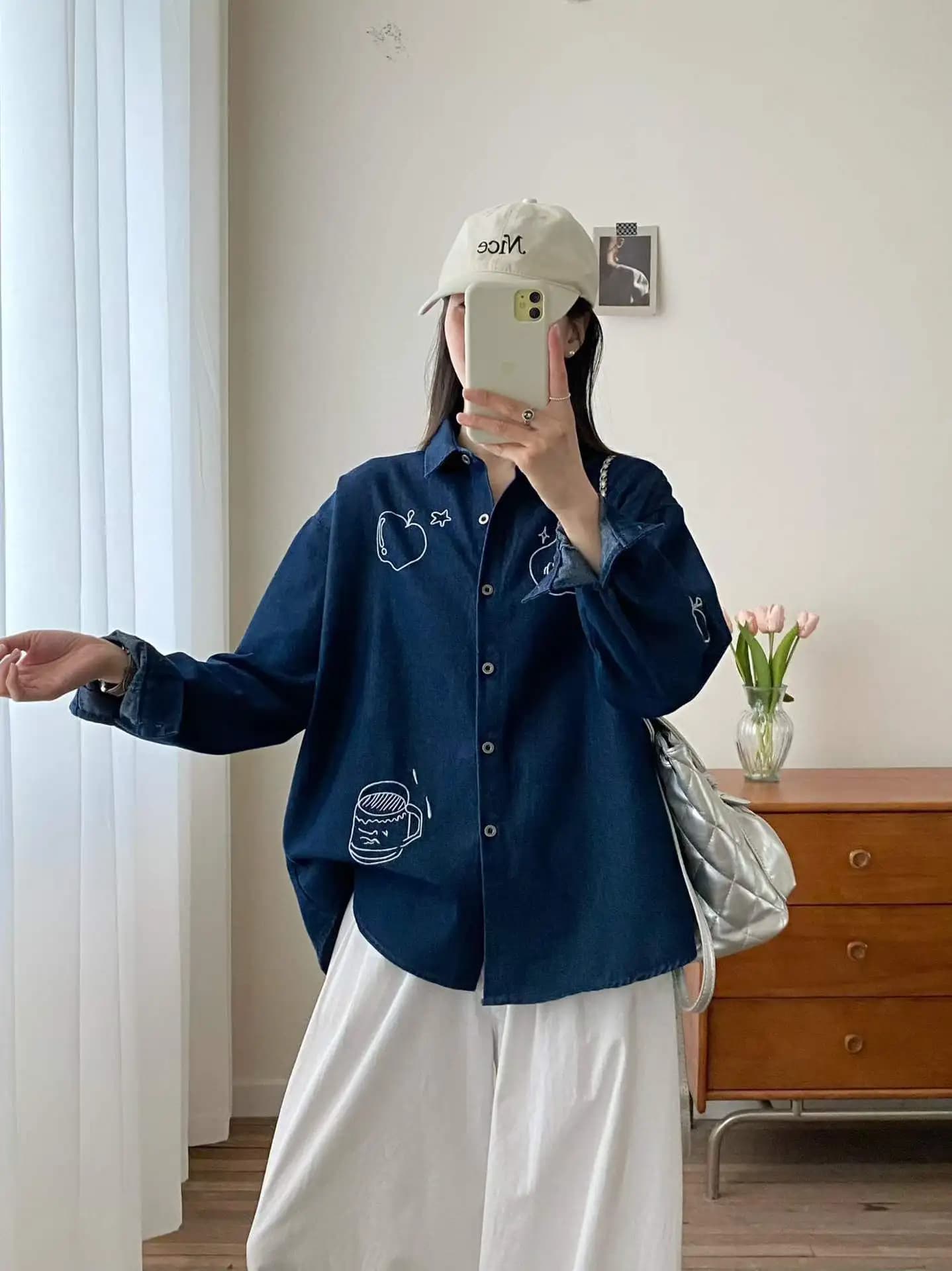 New 2026 Autumn Women Denim Long Sleeve Shirt, Turn-down Collar Embroidery, Mori Girl Vintage Preppy Style Loose Blouse T68418CC