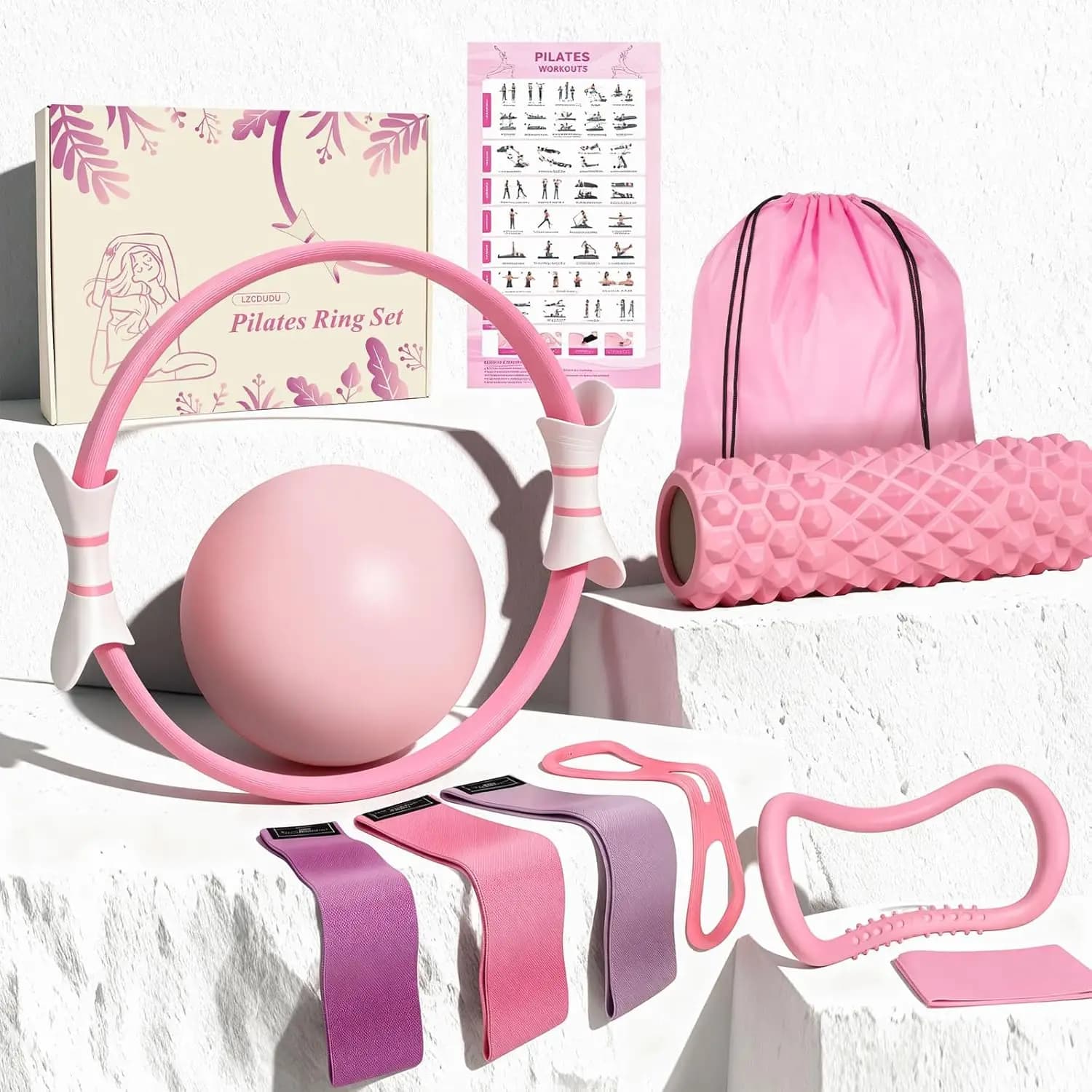 Pilates Pink Ring Set with Magic Circle and Foam Roller, Home Workout Set for Beginner Women - Includes Guide and Bag