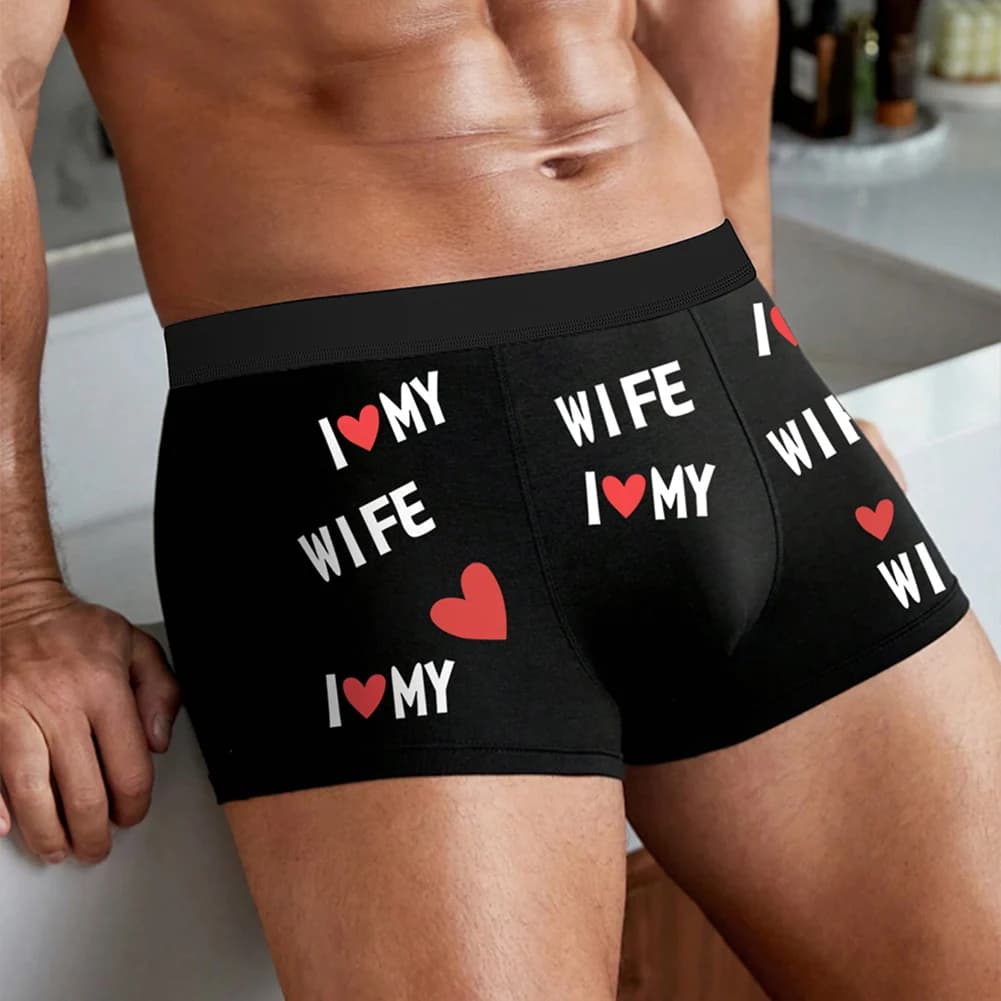 Men's Black Boxer Shorts With"I ❤ My Wife" Print Comfortable Breathable Underpants Underwear