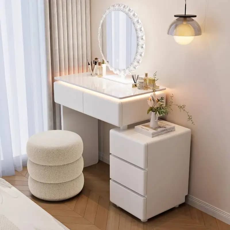 Sgabello da toeletta sottile per ragazza, lussuoso e moderno, con specchio e cassetti, graziosa scrivania per trucco da camera da letto