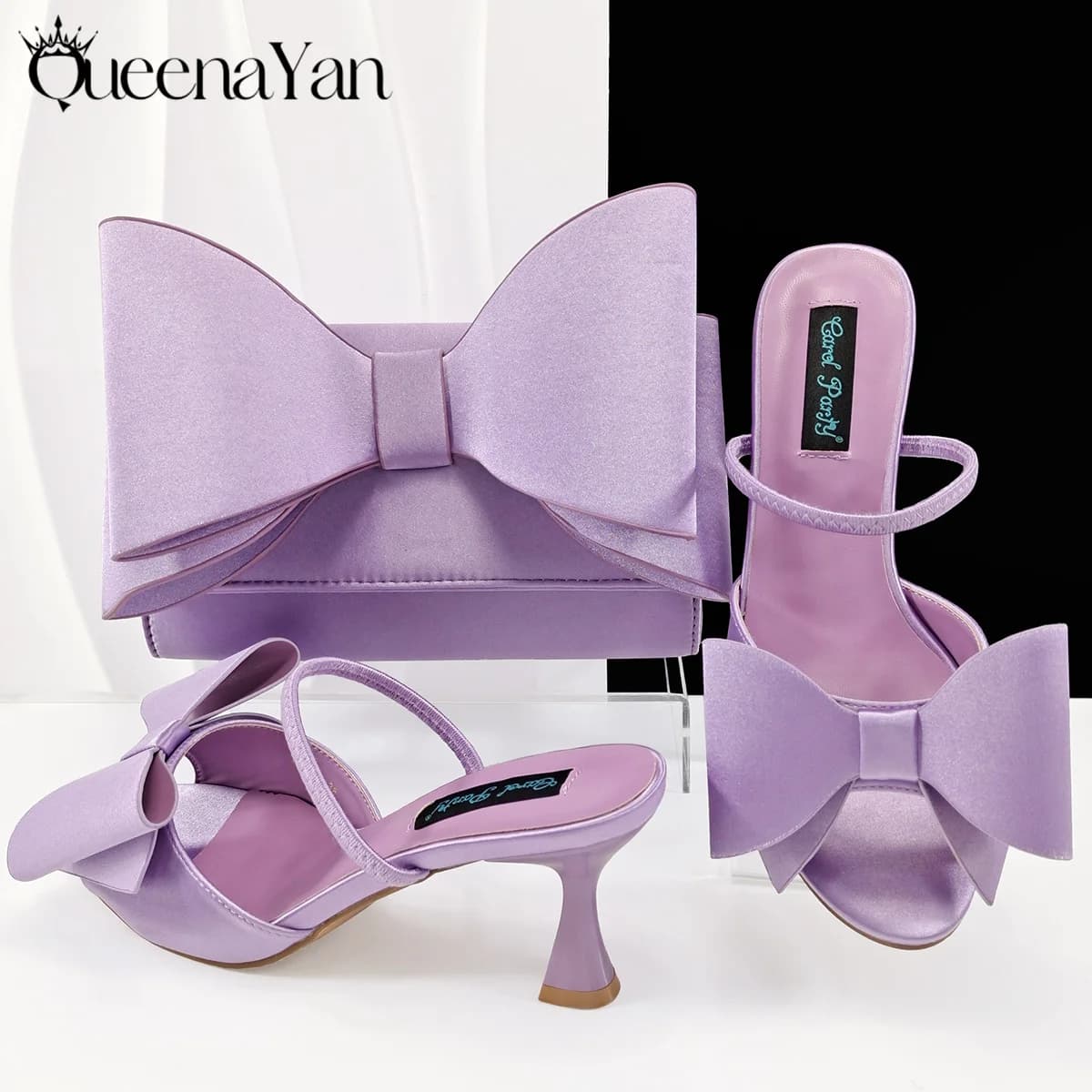 Queena Yan 2025 Moda Nuovo arrivo Lilla Punta a punta Scarpe con tacco da donna Set di borse abbinate per pompe per feste di nozze da donna