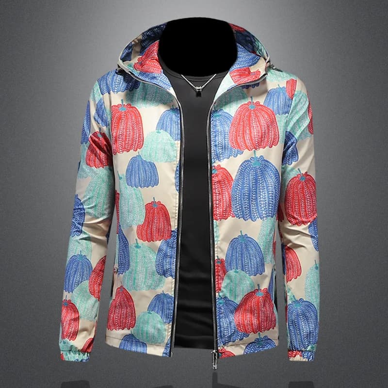 Men's Large Size Hooded Jacket Pumpkin Print Slim Fit Spring 2024 Trendy Outerwear Polyester Fabric Zipper Closure Long Sleeve