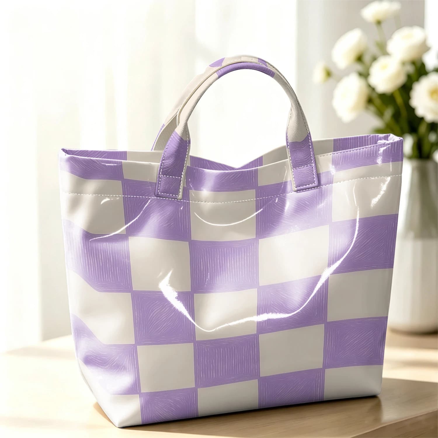 Purple Line Checkerboard Fashion Large Glossy PVC Tote Bag Hand Washable Waterproof Travel Commute Cosmetic Storage Shopper