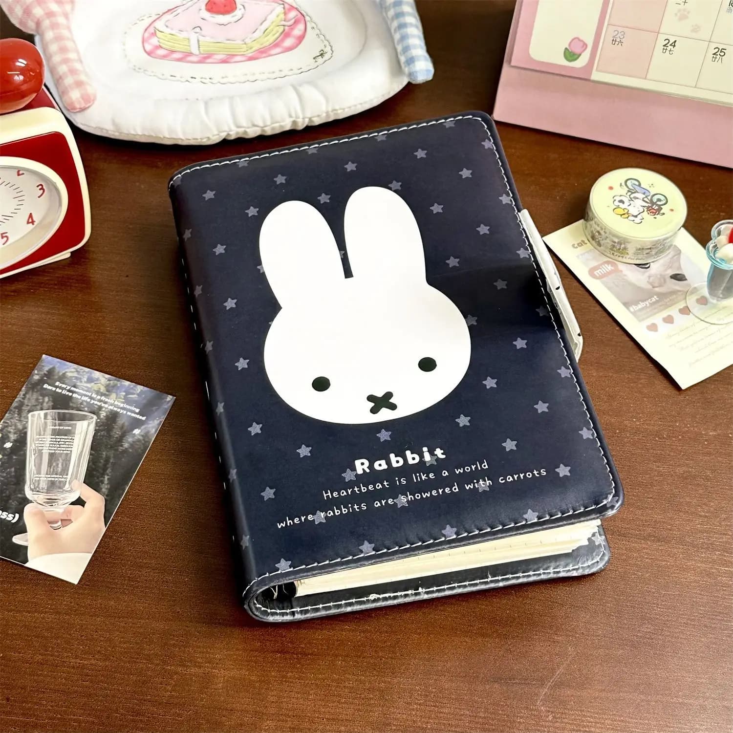 2026 New Black Star Miffy A6 PU Magnetic Loose-leaf Notebook Ins Cute Student Journal Schedule Planner Cartoon Kawaii Lovely