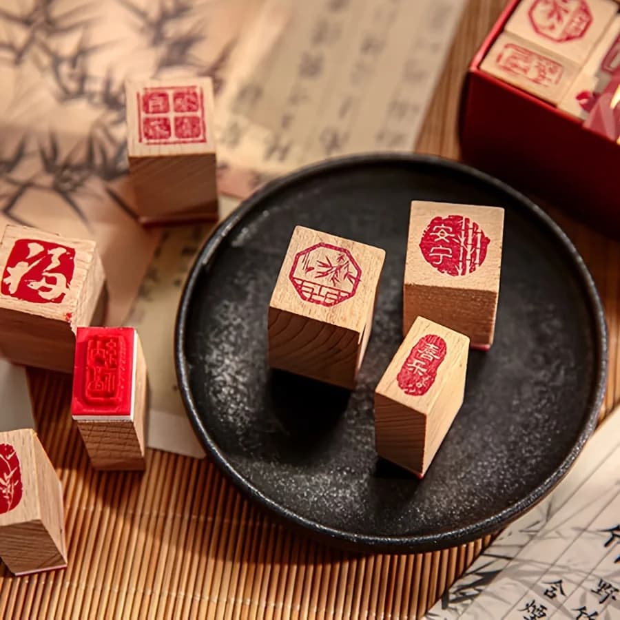 9pcs Chinese Vintage Wooden Stamp Set with Blessing Patterns and Text, National Style Calligraphy Stamps, Journal Stamps, Inkles