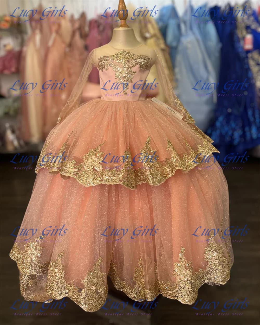 Splendido abito da ragazza di fiori da piccola principessa in tulle gonfio con applicazioni dorate per abiti da ballo da sera di bellezza per feste di compleanno per bambini