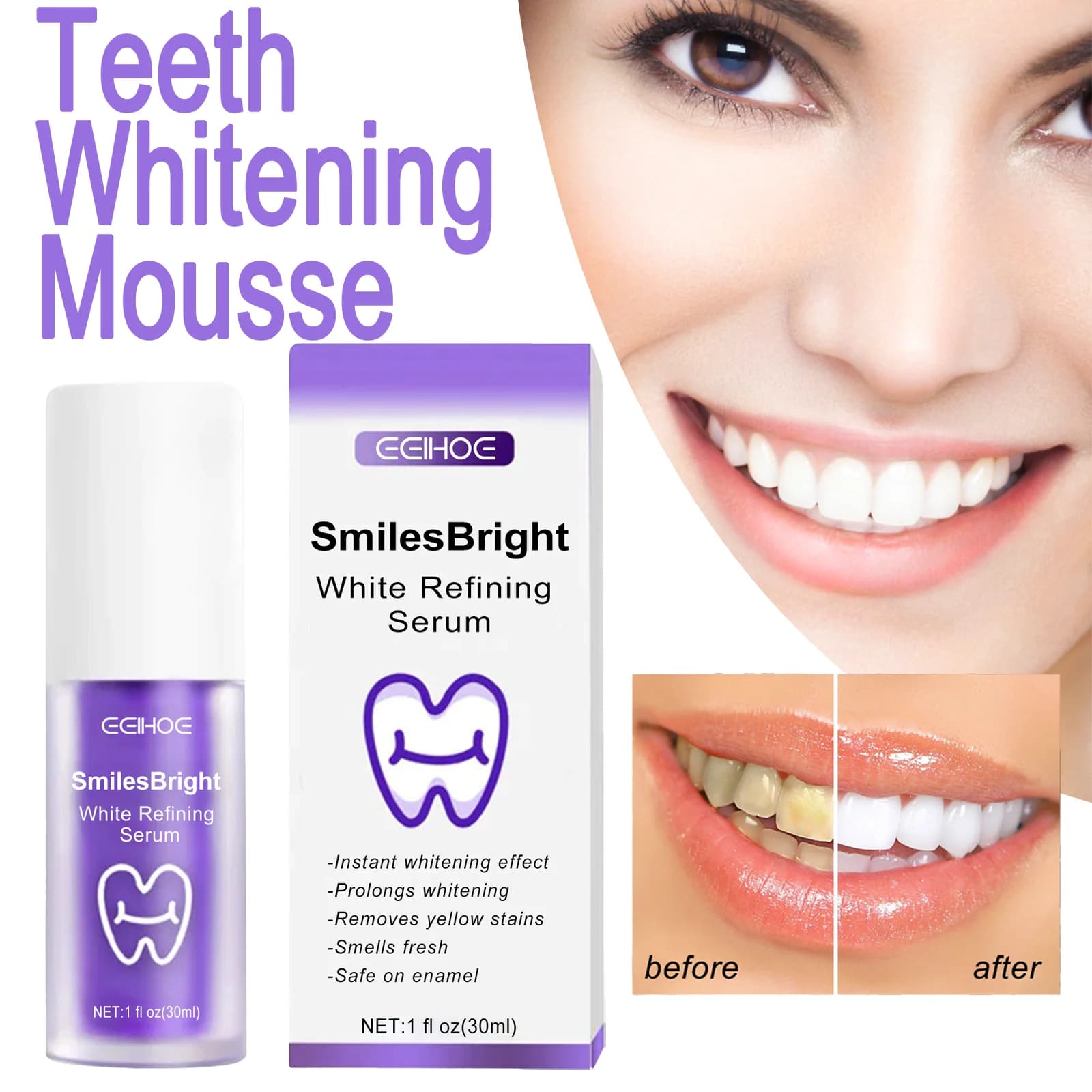 EELHOE Sorriso Bianco Brillante Siero Raffinante Mousse Sbiancante Per Denti Ingredienti Delidi Nano-Hydroxypatite Xilitolo Facile Da Usare 30ml